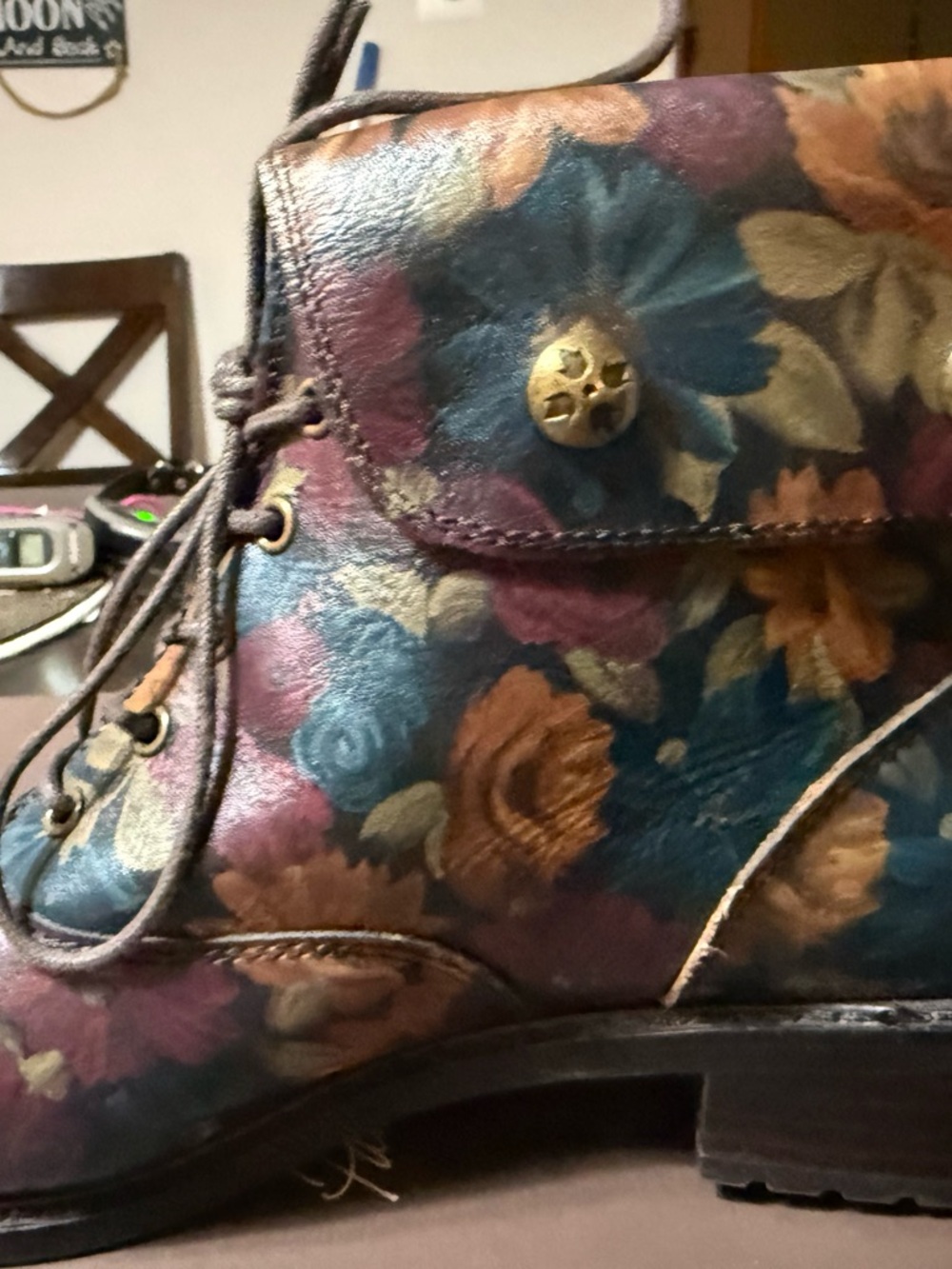 Patricia Nash Floral Leather Lace-Up Ankle Boots in Blue, Brown & Gold Tones - Picture 9 of 10